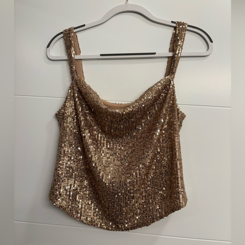 Sparkly gold tank top with slouched neckline